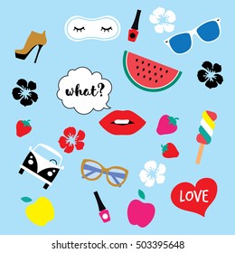 Woman trendy patches set. Stickers set with classic retro camper, bus, watermelon, flower, lips, bubble, strawberry, apple, ice cream. Girls design badges vector illustrations