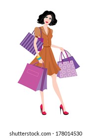 woman with trendy shopping bags. Fashion illustration. Big Sale. Black Friday Sale. 