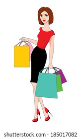 woman with trendy shopping bags. Fashion illustration. Big Sale. Black Friday Sale. 