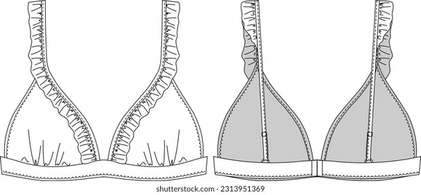 Woman triangle bikini technical drawing, template, sketch, flat, mock up. Recycled fabric swimwear front and back view, white color