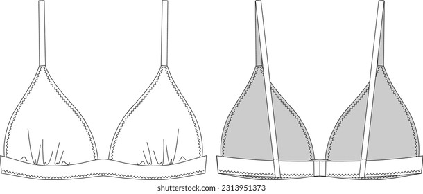 Woman triangle bikini technical drawing, template, sketch, flat, mock up. Recycled fabric swimwear front and back view, white color