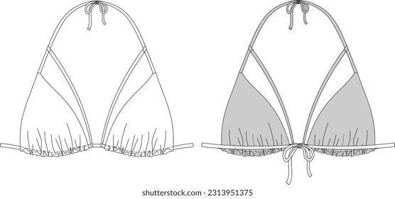 Woman triangle bikini technical drawing, template, sketch, flat, mock up. Recycled fabric swimwear front and back view, white color