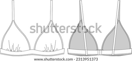 Woman triangle bikini technical drawing, template, sketch, flat, mock up. Recycled fabric swimwear front and back view, white color