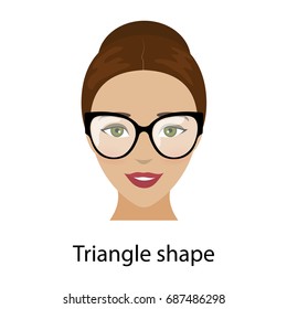 Woman with triangle shape face. Type of face for makeup, glasses and fashion style. Vector