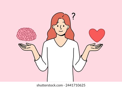 Woman tries to balance between getting education and romantic relationship, holding heart with brain in hands. Choosing life priorities and balance between instinct or intellect when making decisions