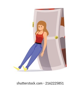 Woman tries to close the door with lots of abstract life burdens, flat vector illustration isolated on white background. Stressed cartoon character trying to avoid problems.