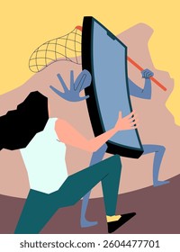 A woman tries to escape from a giant phone held by a shadowy figure, symbolizing the battle against smartphone dependency