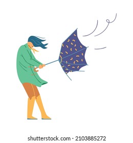 Woman tries to escape heavy wind with umbrella turned inside out, flat vector illustration isolated on white background. Bad weather conditions - hurricane, rain, thunderstorm or tornado.