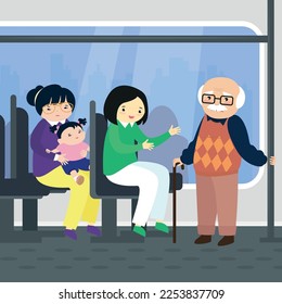 A woman tries to give up her seat to an elderly man
