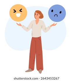 Woman tries keep balance of emotions and control moods from joy to sadness. Bipolar feelings. Happy or upset face expressions. Positive or negative mind. Mental calm. Hormonal change. Vector concept