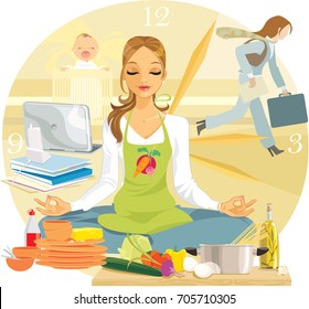 A Woman Tries To Keep Calm While Surrounded By Chaos. Multitasking.