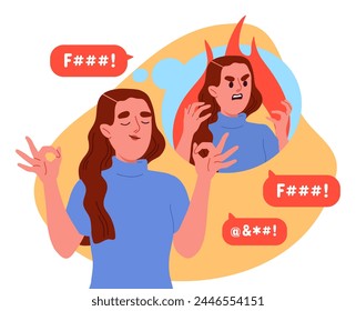 Woman tries not to get angry. Young girl in anger inside. Awareness and mindfulness. Breathing exercises for calmness. Mental health and psychology. Cartoon flat vector illustration