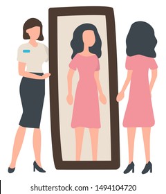 Woman tries on dress near mirror, seller and shopper characters. Sale old collection, wardrobe and clothes, female wearing pink dress and high heels. Vector illustration in flat cartoon style