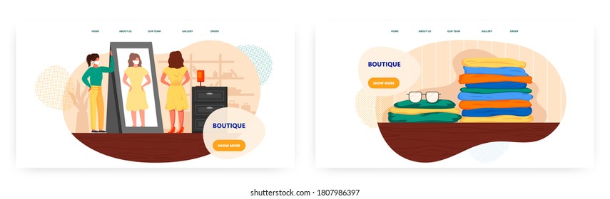 Woman tries on new dress in fashion store and look in mirror. Customer and seller wear face mask to protect from coronavirus. Concept illustration. Vector web template. Stack of clothes, fashion shop