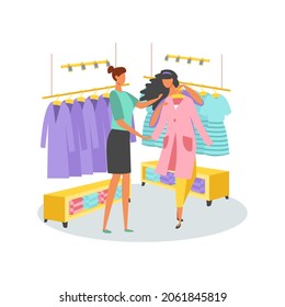 A woman tries on a new look in a women's clothing store. The seller helps to choose clothes. Good shopping. Big sale. Vector illustration flat style.