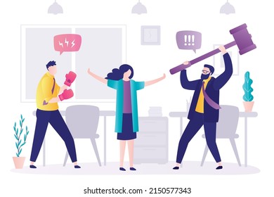 Woman tries to prevent fight between colleagues. Angry man with hammer swings at opponent. Worker in boxing gloves ready to hit enemy. Business competition, goal achievement. Flat vector illustration