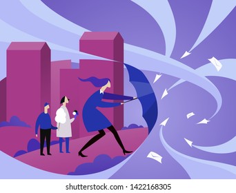 Woman tries to protect herself and children from information streams. Mail spam, communication overdose flat illustration. Digital Information overload concept.