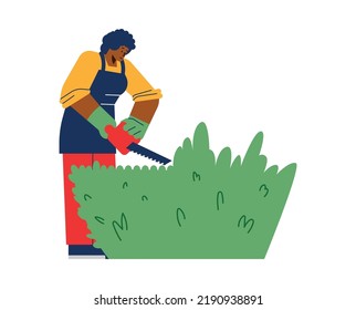 Woman Trimming Bush Or Hedge With Saw, Flat Vector Illustration Isolated On White Background. Concept Of Garden Work And Professional Tree Trimming Services.