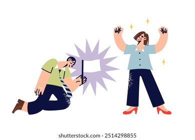 Woman triumph over losing business competitor who raises white flag, accepting defeat. Businesswoman celebrates victory over colleague, raising hands up and enjoying moment of triumph and glory.