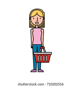 woman with trolley basket empty plastic at supermarket