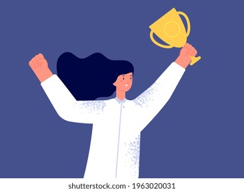 Woman with trophy. Female success, business successful winner. Championship prize, corporate office award. Champion utter vector character