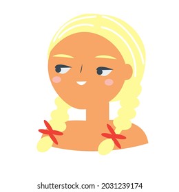 Woman with tropic flowers in her hair. Smiling cartoon Female with earrings and fancy hairstyle. Pretty girl face avatar Clip art