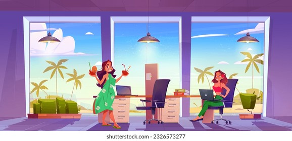 Woman in tropic work office room near sea beach summer vector background. Open space desk on Hawaii with happy female manager and cocktail. Modern company sunny openspace workplace near ocean