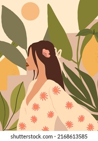 Woman in Tropical Jungle. Pastel Tropical leaves background. Modern minimalist glamour female portrait with nature botanical pattern. Vector illustration