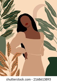 Woman in Tropical Jungle. Pastel Tropical leaves background. Modern minimalist glamour female portrait with nature botanical pattern. Vector illustration