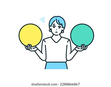 Woman with troubled expression, career woman torn between two options. Vector illustration.