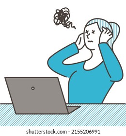 A woman with a troubled expression looking at the computer screen, Vector illustration