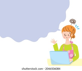A woman with a troubled face using a computer and a speech bubble