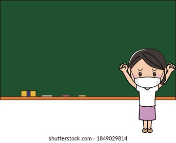 A woman with a troubled face wearing a mask and standing in front of the blackboard