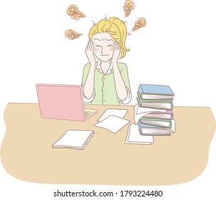 Woman is troubled and headache due to work, there are computers and various documents on the desk