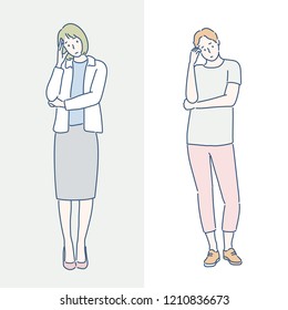 The woman is troubled with her head in her hand. hand drawn style vector design illustrations.
