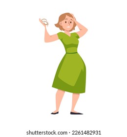 Woman troubled noticed hair loss, flat cartoon vector illustration isolated on white background. Beginning baldness or alopecia symptoms and first signs.