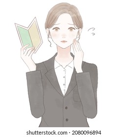 Woman in troubled suit, having beginner mark. On white background.