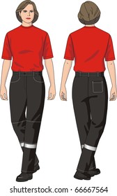 The woman in trousers with a belt and pockets