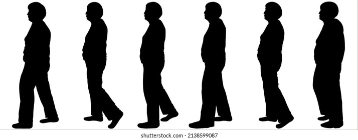 A Woman In Trousers And A Blouse. An Older Woman Is Walking. Women Walk One After Another In One Line. Human Positions For Gradual Motion Animation. Walking Man Silhouette. Side View. Black Silhouette