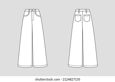 Woman trousers and flared jeans vector template isolated on a grey background. Front and back view. Outline fashion technical sketch of clothes model.