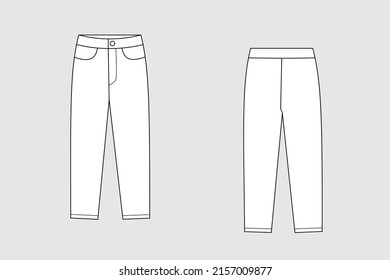 Woman trousers and jeans vector template isolated on a grey background. Front and back view. Outline fashion technical sketch of clothes model.