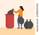 Woman trowing trash on rubbish illustration. Girl trow plastic bag on the trush illustration character.