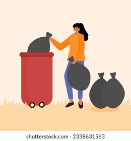 Mujer tirando basura en la ilustración de la basura. La chica trow bolsa de plástico en el personaje de la ilustración de la trama.