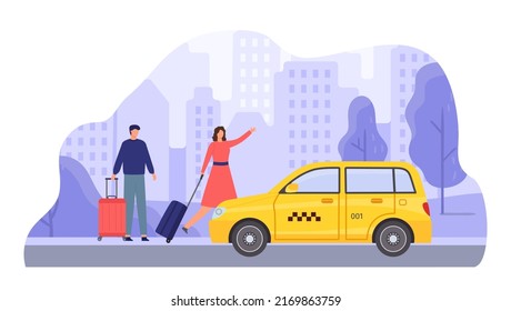 Woman Try To Catch Taxi, Riding Service. Vector Road Stop For Car Transport, Character Catch For Travel, Tourist Cab Cartoon Illustration