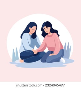  Woman try to comfort her best friend from stress and sad, vector character illustration