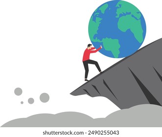 Woman try hard to push the globe from falling off a cliff. Global economic risks. Politics, war, inflation.

