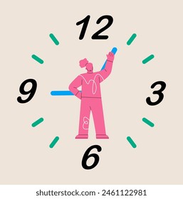 Woman try to stop time, time concept. Colorful vector illustration