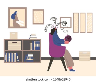 Woman try to untangle ball of thread of in her mind. Female character try to help herself with some mental issues. Girl self-reflecting on the causes of her actions. Vector illustration.