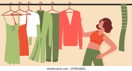 Woman trying to choose outfit clothes in morning vector illustration. Cartoon girl character standing next to clothes hanging on wardrobe hangers, deciding what to wear, difficult choice background