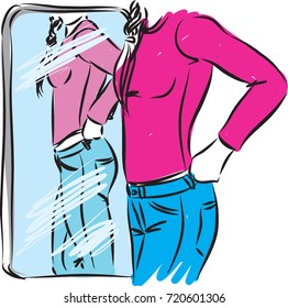 woman trying clothes in front mirror vector illustration